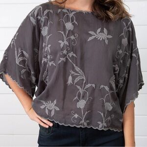 Johnny Was Winter Vine Cropped Top Charcoal Top with Vibrant Embroidery